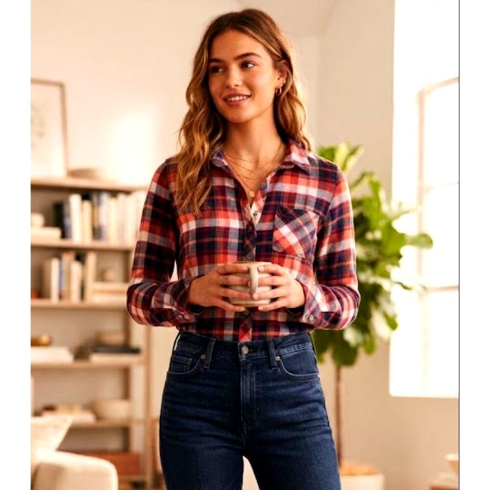 ABERCROMBIE & FITCH Orange White Navy Plaid Flannel Button Down Top Small